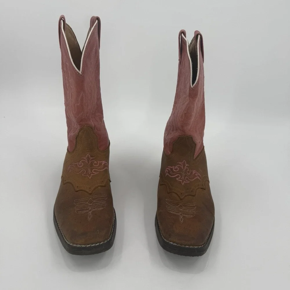 Lucky Brand Brown Pink Leather Western Cowboy Boots Women's Size 7.5 Embroidered